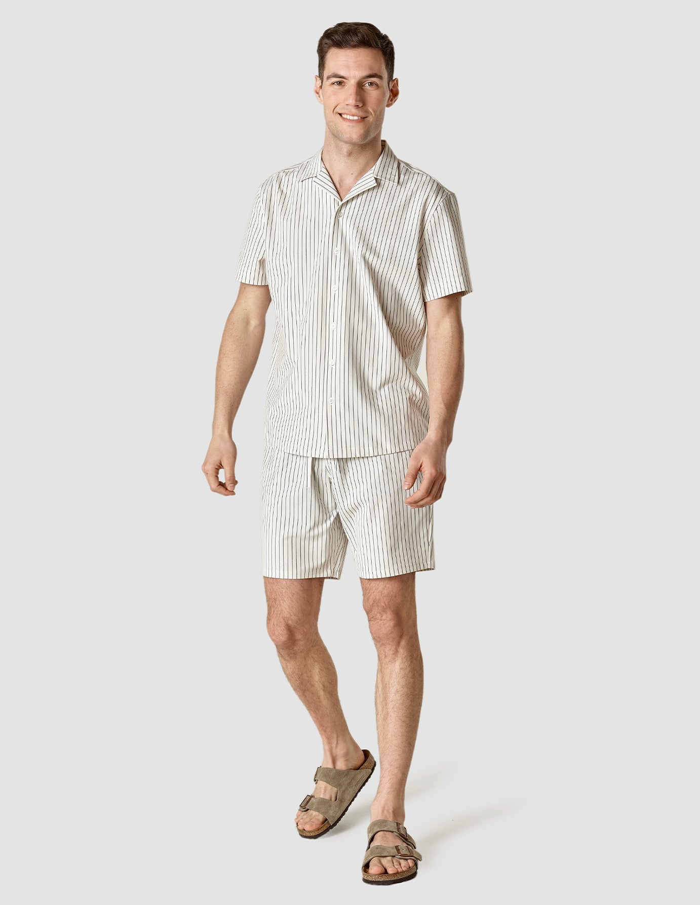 Tech Linen Bowling Short Sleeve Shirt Navy Pinstripe